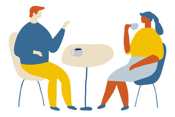 Man and woman in caffee drinking coffee and talking. Lovers, date flat vector characters