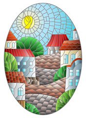 Illustration in stained glass style, urban landscape,roofs and trees against the day sky and sun, oval image