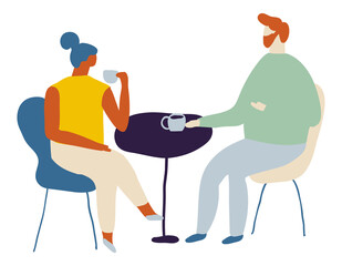 Man and woman in caffee drinking coffee and talking. Lovers, date flat vector characters