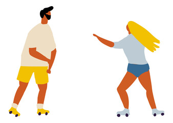 Roller-skating. Couple sport activity  flat vector