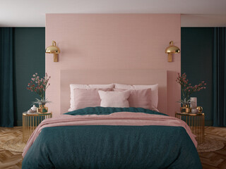 Bedroom interior.Art deco style.Design with green pink and gold color.3d rendering - obrazy, fototapety, plakaty