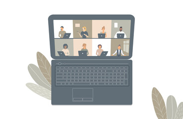 The concept of business videoconference,distance learning or online training during the virus epidemic.Laptop with a lot of open windows on Internet page with different people.Raster illustration
