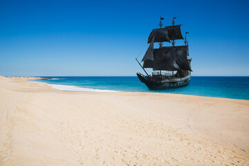 Fototapeta premium ( 3D illustration, Rendering ) VIntage black pirate ship sailing at sea.