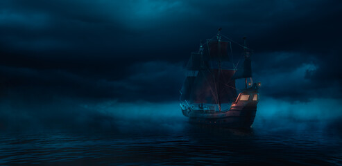  ( 3D illustration, Rendering ) VIntage black pirate ship sailing on caribbean waters at night. © fergregory
