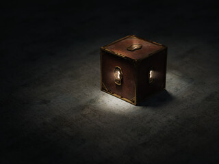 (3D Rendering, Illustration) Mysterious locked box with keyholes on a dark background
