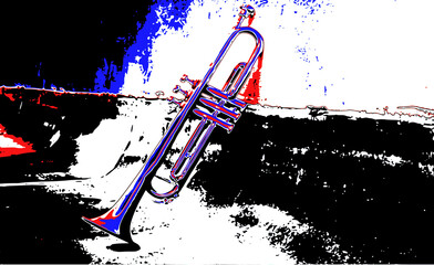 an old trumpet leaning against a wall