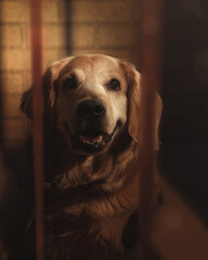 happy golden retriever inside a dog pound cell.