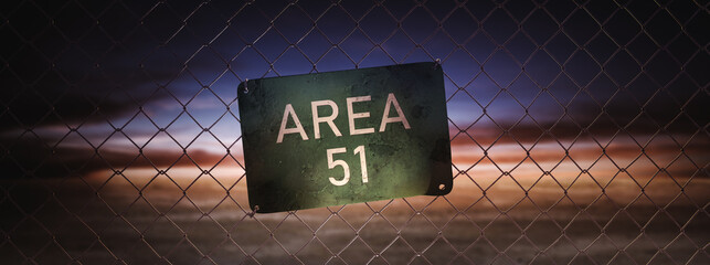  Area 51 sign on a fence at dusk. (3D Rendering, illustration)