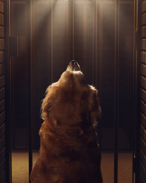 golden retriever inside a dog pound cell.