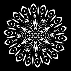 White mandala on a black background. Round pattern, floral ornament. Beautiful symmetrical element. Antistress, relaxation