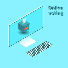 On the monitor screen, the ballot box for voting. The concept of online elections. Vector illustration in isometric style.