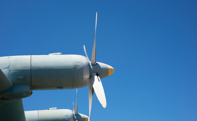 Aircraft propellers against the blue sky. Horizontal format. Copy space for text.