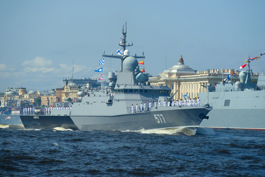 ST. PETERSBURG, RUSSIA - JULY 25, 2019: The small rocket ship Sovetsk (project 22800, Karakurt) 