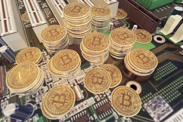 Bitcoin on computer main board, Crypto currency, Concept image for digital asset, 3d illustration.