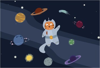Fototapeta na wymiar Fun cat astronaut in space. Vector cartoon charters. Editable vector illustration.