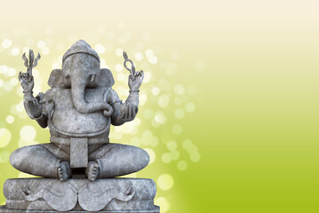 Ganesha sculpture background with copy space for text, God of arts, Hindu festival, Ganesh chaturthi, Bokeh of lights for festival. 3d illustration.