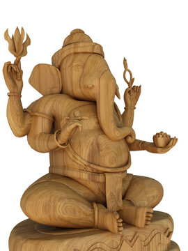 Isolated of Lord ganesh image on white background with copy space for text, wooden statue of Ganesga, ganpati, 3d illustration.