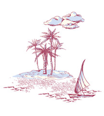 Illustration of Sailing Boat and Tropical Island.