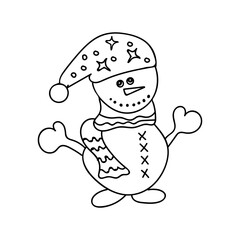happy snowman hand drawn doodle, outline drawing, isolated symbol of new year vector illustration decorative element