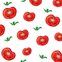 Seamless pattern of tomato slices and mint leaves isolated on white. Kitchen backdrop healthy eating for tablecloth, textile, fabric. Farmer eco food market. Harvest festival season. Organic food wrap