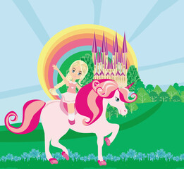 cute girl rides a unicorn