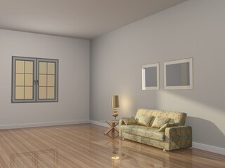 Concept image quarantine at home during virus pandemic, Boring room atmosphere with copy space for your text, empty living room with yellow fabric sofa .3d illustration