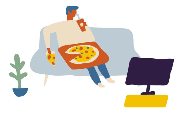 Man, Guy with pizza on couch watching tv. Flat Character Flat Vector