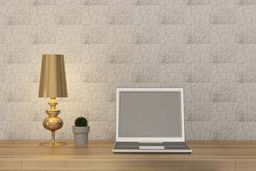 Blank screen laptop notebook on a wooden counter table, Concept image for cafe and chill day work from home atmosphere, 3d illustration