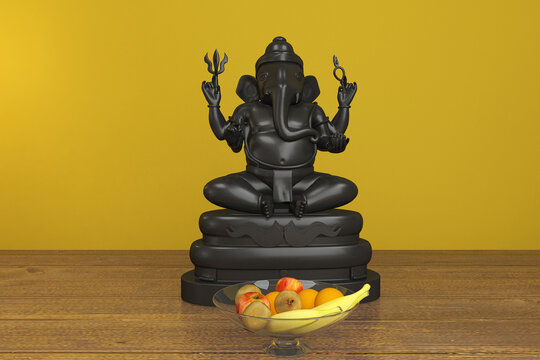Lord Ganesh sculpture, Hindu statue of ganpati with Om sign Calendar on the table. Black Statue made from stone, Concept image for India culture and religion, 3d illustration