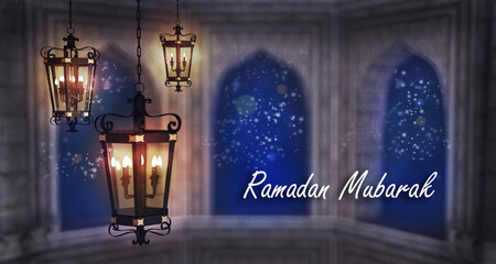 Ramadan Mubarak,Fanous lamp, muslim holy month wish, kareem, Islamic festival background with copy space for text, Spiritual light and decorative lamps , 3d illustration
