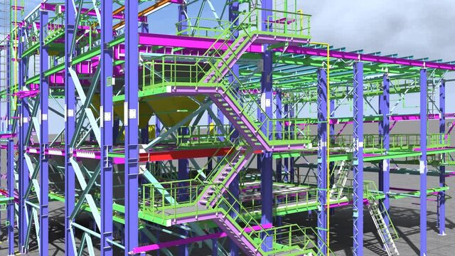 Presentation of 3D BIM modeling of buildings made of metal structures for presentation to the General contractor, subcontractors and construction customer. 3D rendering.