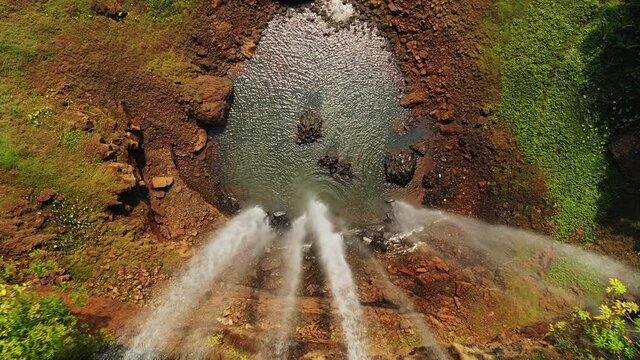 Tad Tayicsua Falls seen from above in the jungle in Asia, Laos, Champasak, Bolaven Plateau, on a sunny day.