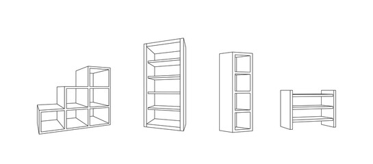 set of low poly outline bookcases, isolated furniture, vector, illustration