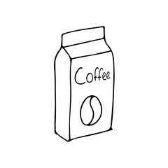 Coffee paper bag doodle icon. Hand drawn paper coffee bag in vector. Doodle paper bag of coffee