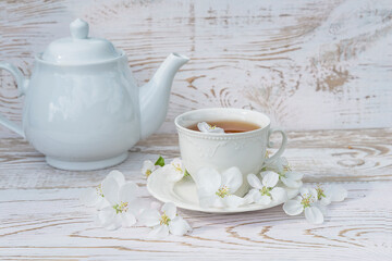 Fototapeta na wymiar Spring tea time concept. White cup of tea, teapot and apple blossom on white paint rustic wooden background