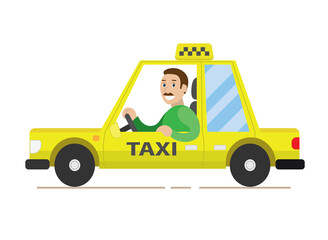 A smiling taxi driver in a yellow car. Isolated vector illustration of a professional driver.