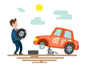 The man replaces the tire on the broken car. Vector illustration with a red car on the road.
