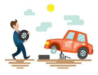 The man replaces the tire on the red car. Vector illustration with a broken car on the road.