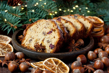 Christmas still life with raisins cake