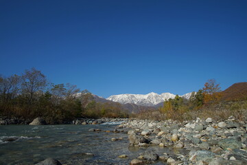 typical mountain landscape of Japanese alps in Hakuba at early Autumn