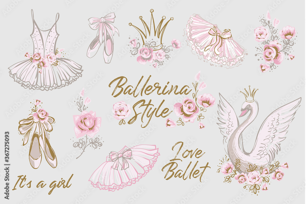 Wall mural cute ballet vector watercolor set. hand drawn balerina dress, tutu skirt, shoes, swan, flowers, slog - Wall murals