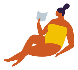 Girl in swimsuit reading book. Summer beach vacation people flat vector