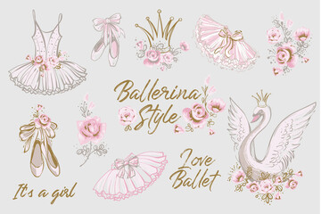 Cute ballet vector watercolor set. Hand drawn balerina dress, tutu skirt, shoes, swan, flowers, slogan, lettering sketch. Gold and pink vintage illustration white background. Baby girl fashion design - obrazy, fototapety, plakaty