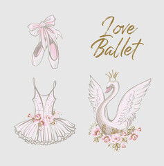 Set of cute ballet elements: pointe ballet shoes, tutu dress, princess swan, I love ballet slogan. Hand drawn vector sketch. Gold and pink vintage baby girl watercolor illustration on white background