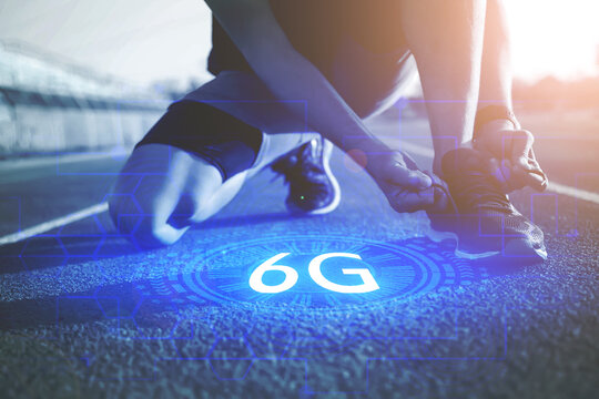 Athletes are about to start preparing for jogging on the treadmill. There is a 6g default message, 6g network startup concept
 - Powered by Adobe