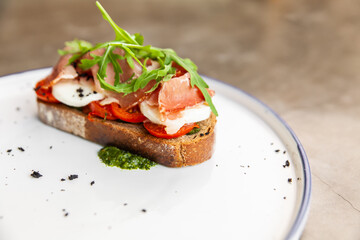 bruschetta with salmon on table. Flat lay, top view