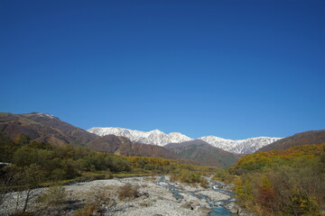 typical mountain landscape of Japanese alps in Hakuba at early Autumn