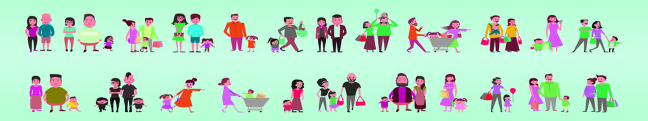 shopping with family cartoon set isolated on tosca background
