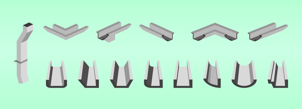 Roof gutter or rain gutter and drainage system icon set design.