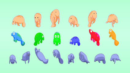 Naklejka premium Cute cartoon manatee on tosca background.